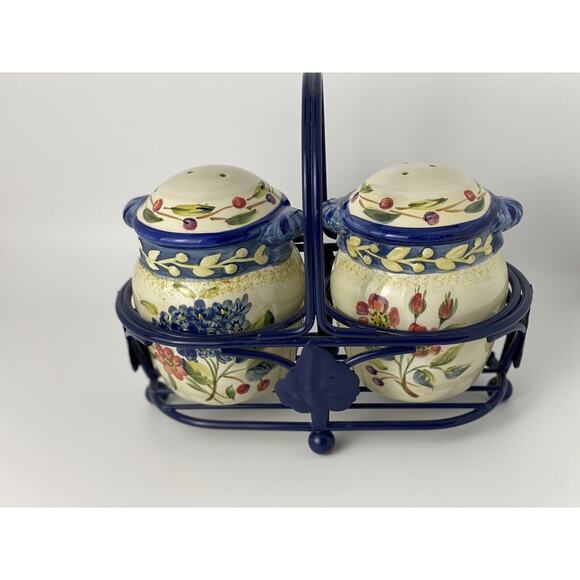 CIC Vintage Large Floral Salt and Pepper Shaker Set w Carrier/Holder - Picture 5 of 14